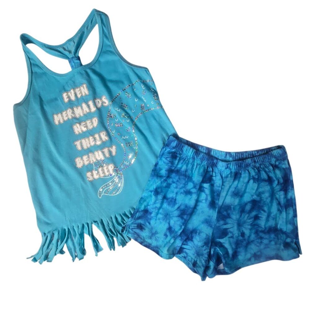 Justice Pajama Set Girls 14 Blue Mermaid Fringe‎ Tie Dye Mermaidcore Sleepwear
